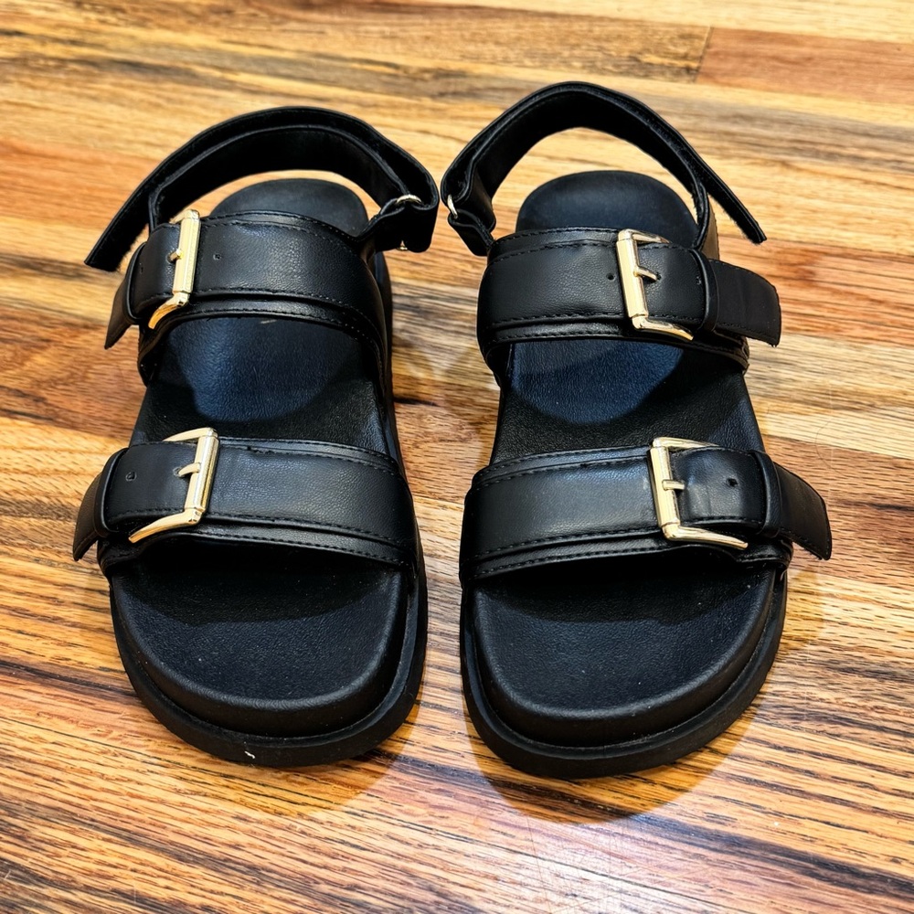 Madden Girl Black Sling Back Sandals with Gold Buckles Size 6.5